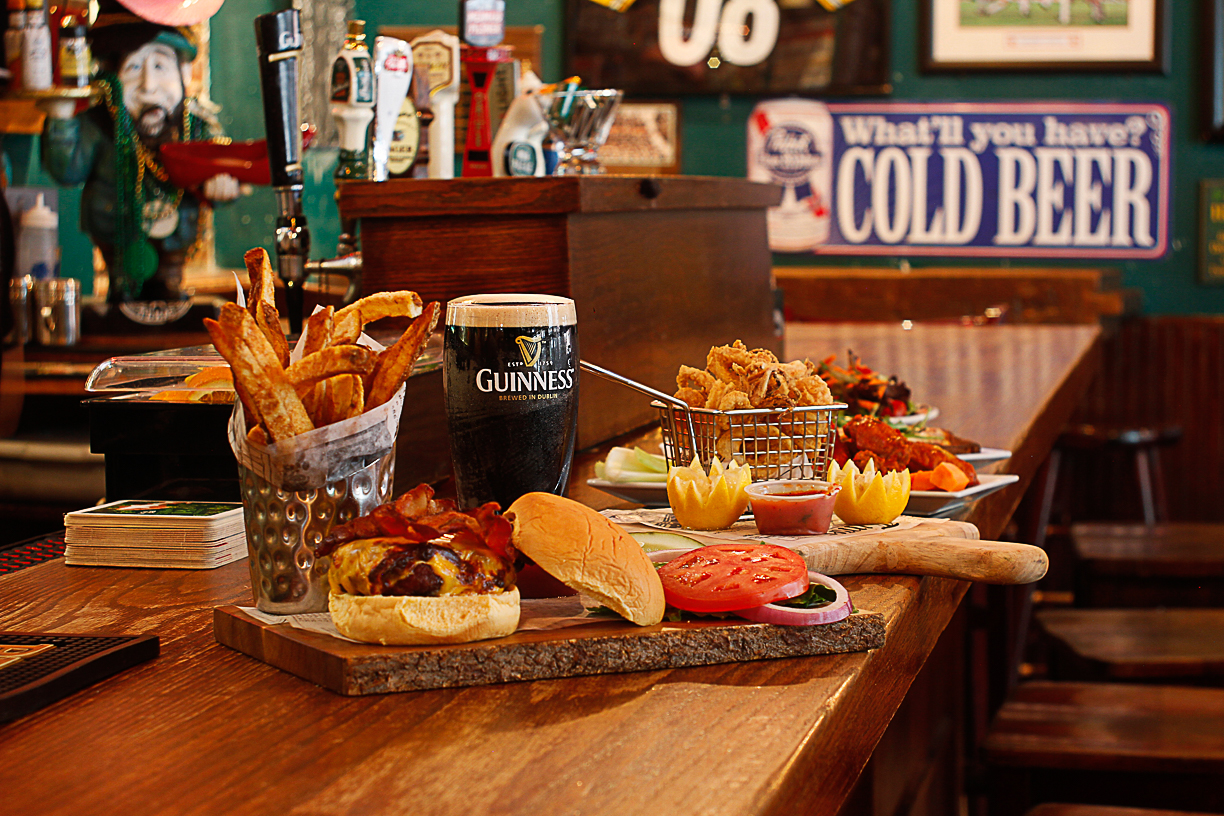 “Guinness Bacon Cheese Burger French Fries Guinness Beer Calamari Buffalo Wild Wings Side Salad