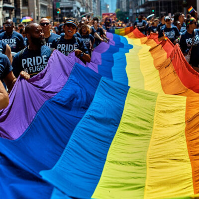 Image of people holding a pride flag while they celebrate pride month in NYC.